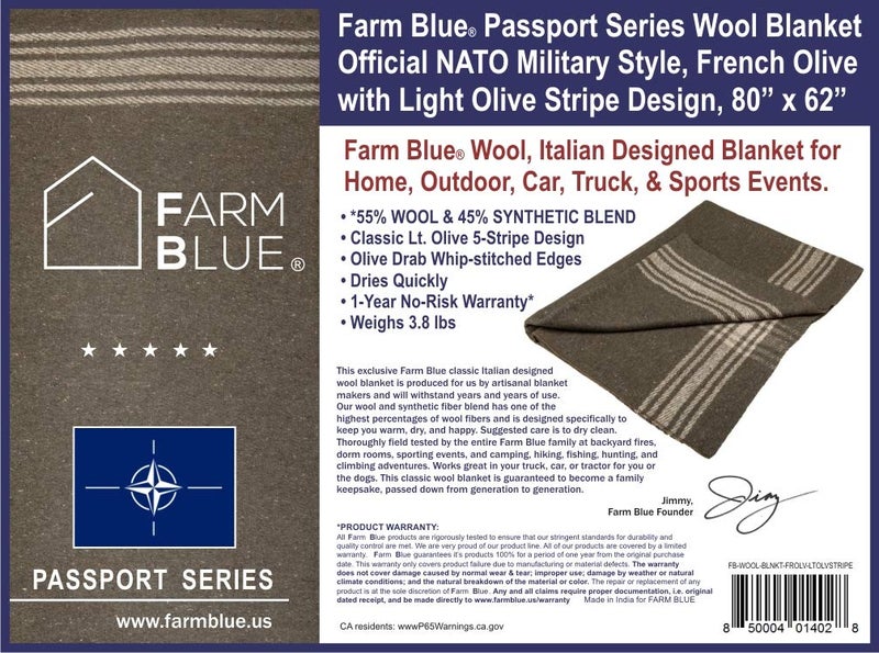 Farm Blue Wool Blanket Military Style - Thick & Lightweight Army Camping Blankets 80"x62" - Large Camp Survival Blankets - Car, Hiking, Backpacking & Festivals (French Olive with a Light Tan Stripe) - Image 5